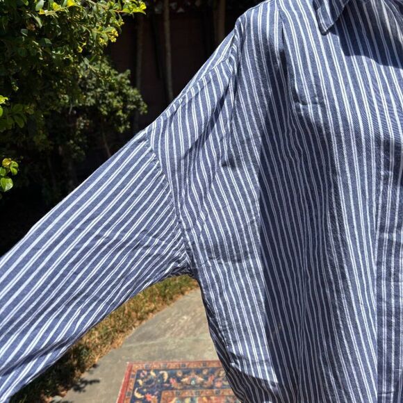 French Connection Blue Striped Button-Front Shirt Large Cotton High-Low Hem - Picture 5 of 8